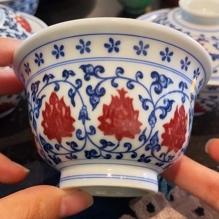 陶摆件双狮压手杯青花釉里红