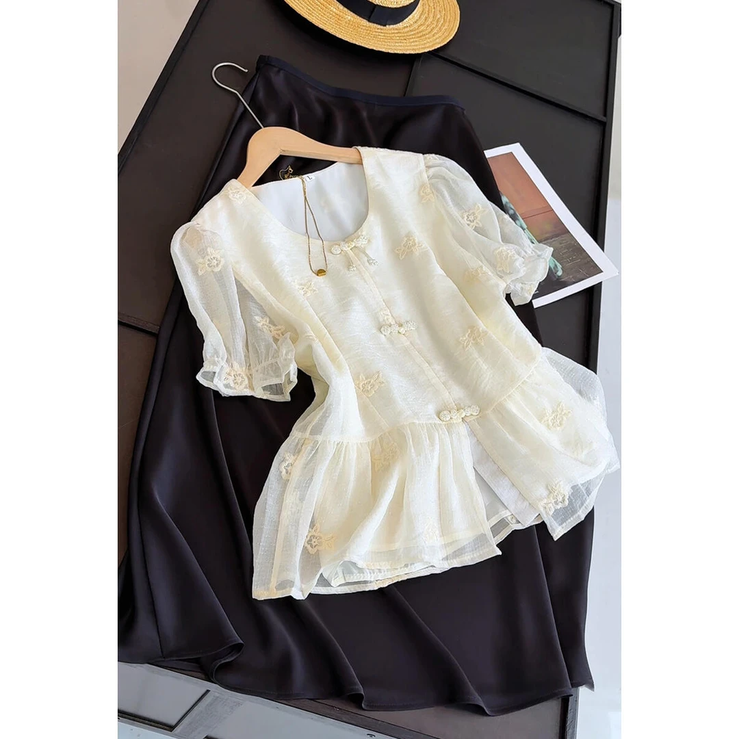 2025夏季新款圆领泡泡袖短袖串珠盘口T恤设计款百搭不挑人