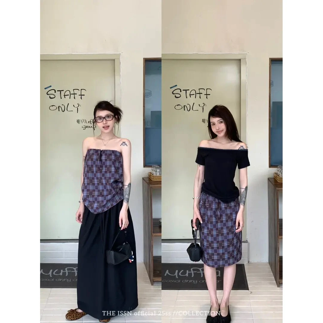 格子抹胸小众无袖背心两穿设计感百搭半身裙夏季裙子一字肩露肩