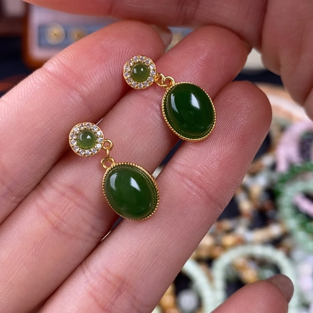 和田玉俄碧耳坠银S925镶嵌