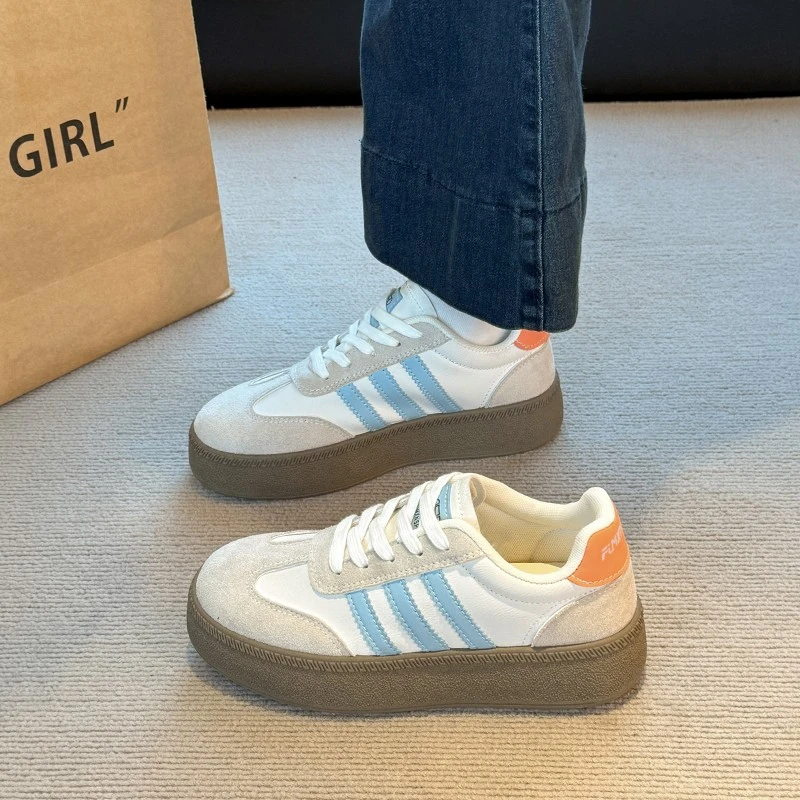 拼色德训鞋女款2025春秋厚底真皮软底休闲鞋百搭时尚舒适小白鞋女