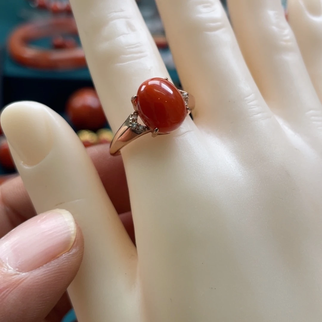 南红玛瑙银S925镶嵌川料南红戒指10mm*8mm