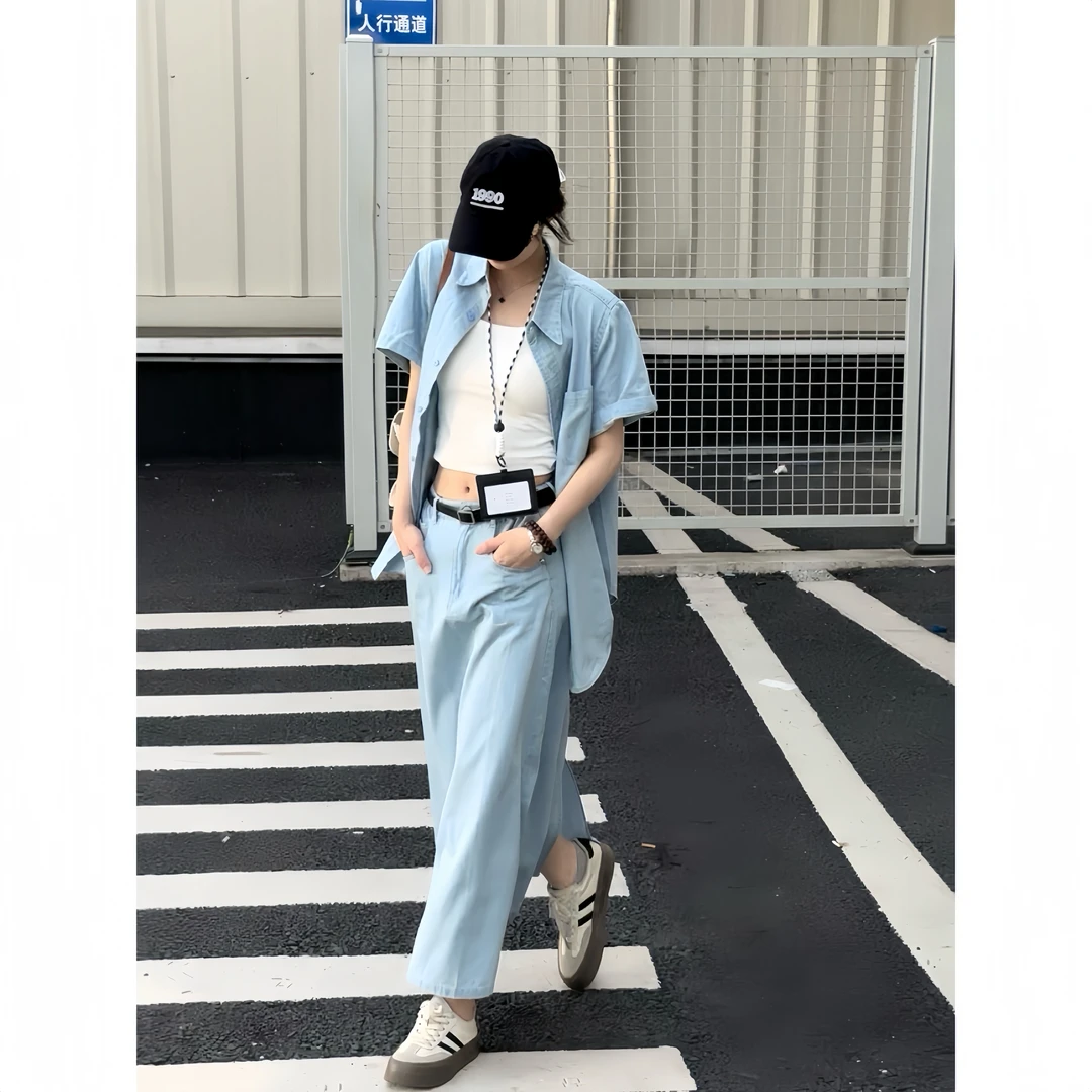 【牛仔套装】夏季衬衫套裙女2025新款宽松休闲两件套牛仔短袖半身裙