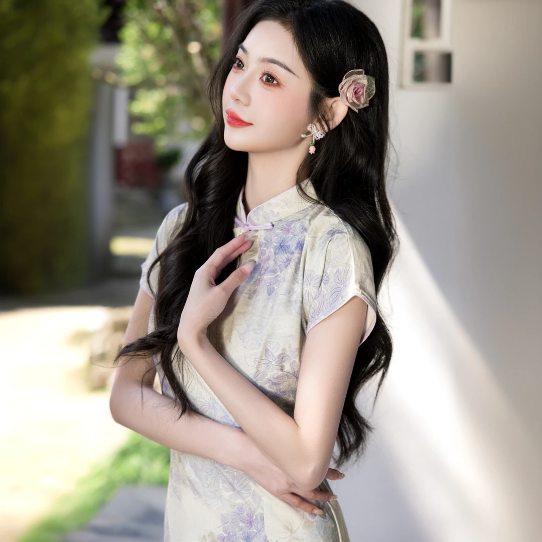 花灼灼 |新中式国风绝美淡紫色旗袍女夏2025新款收腰日常穿S-2XL