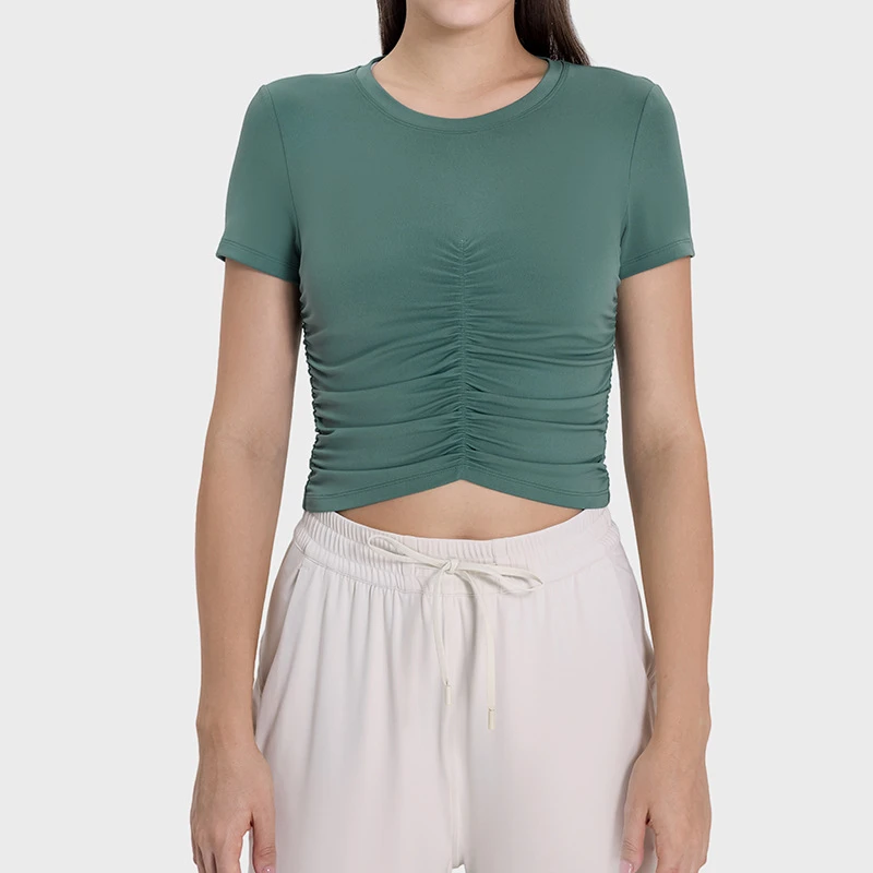 DSS103  圆领褶皱修身瑜伽服上衣抽绳紧身短袖