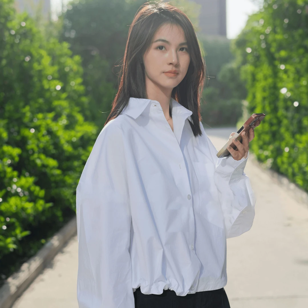 「NJT」2025年春上新纯色慵懒风翻领宽松设计感休闲长袖衬衫HXCY13