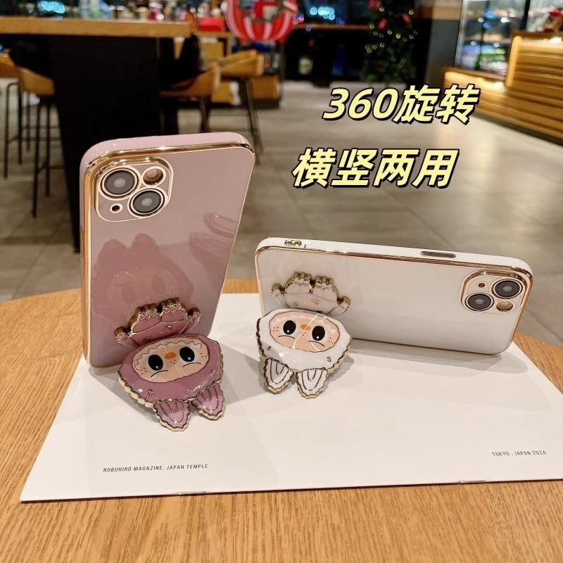 新款卡通拉布布雷雕支架带补妆镜便携折叠360旋转labubu手机支架