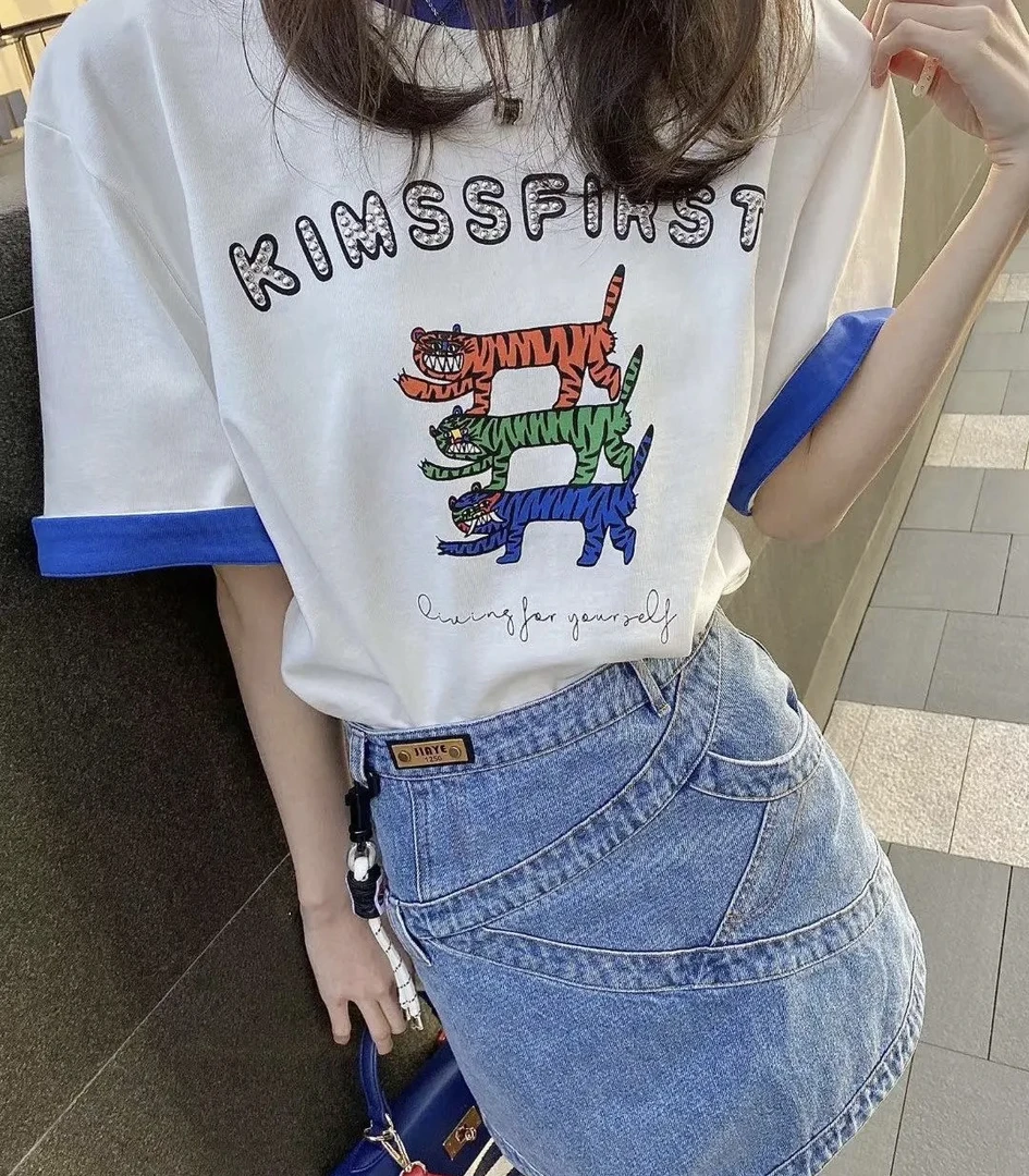 喵喵家  三只小虎夏季简约休闲风棉短袖T恤女