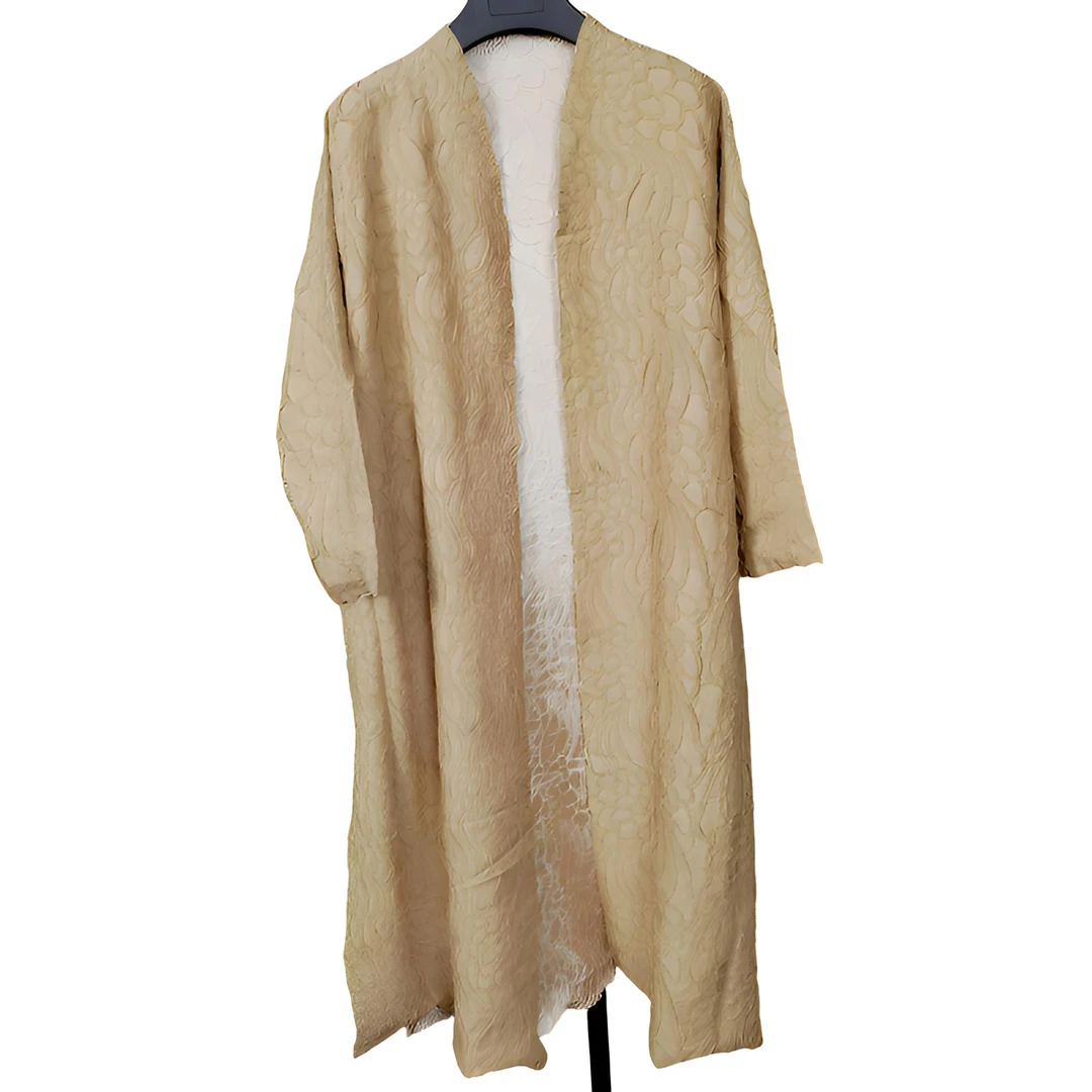 春季新款两色无扣中长款新中式提花褶皱开衫外套