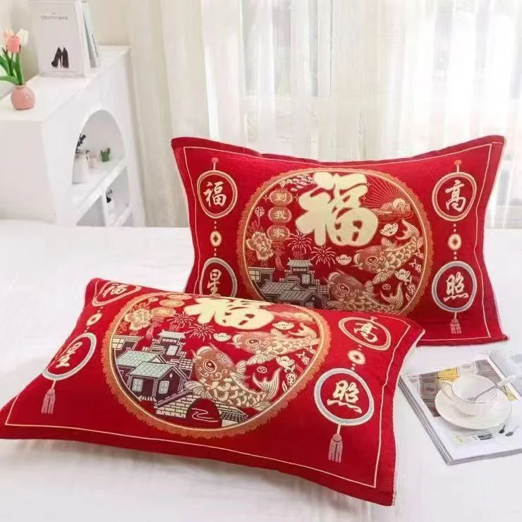成人新年款大红色纱布枕巾高档加厚柔软透气不掉色一对装枕头巾