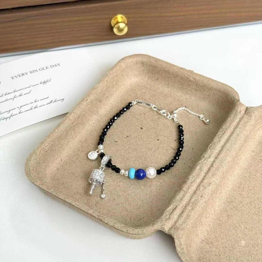 925银手链 转经筒黑晶手链时尚气质轻奢单圈叠戴小众设计百搭精致