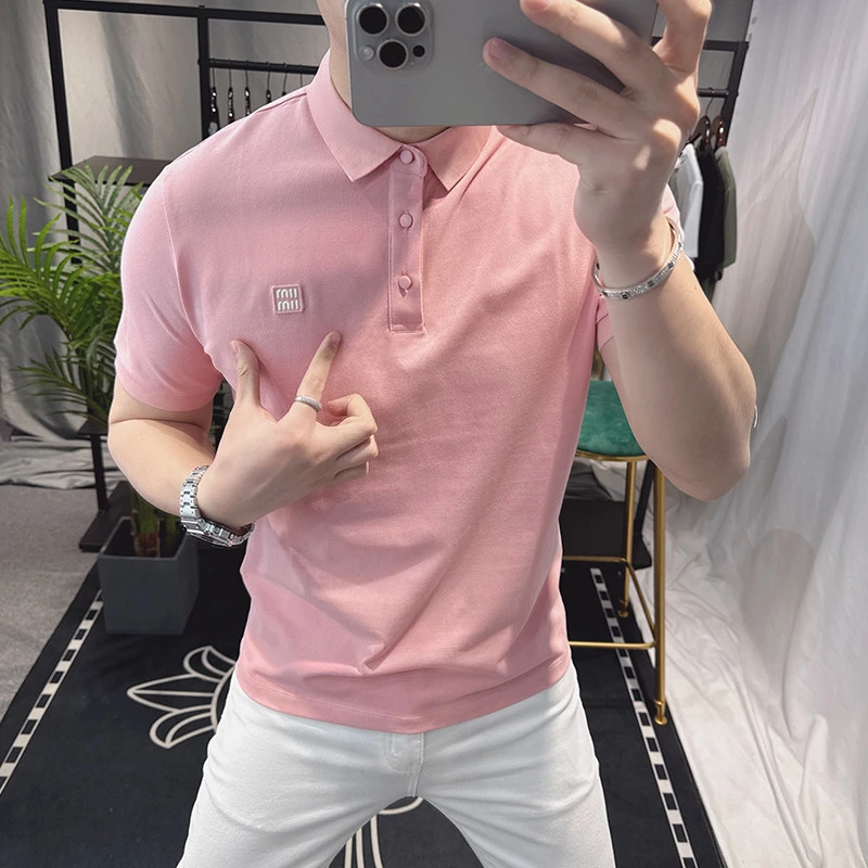 欧洲站2025新款polo衫男短袖t恤夏季潮牌刺绣简约粉色男士上衣服