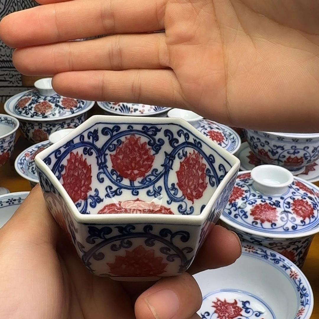 当代釉里红六方杯