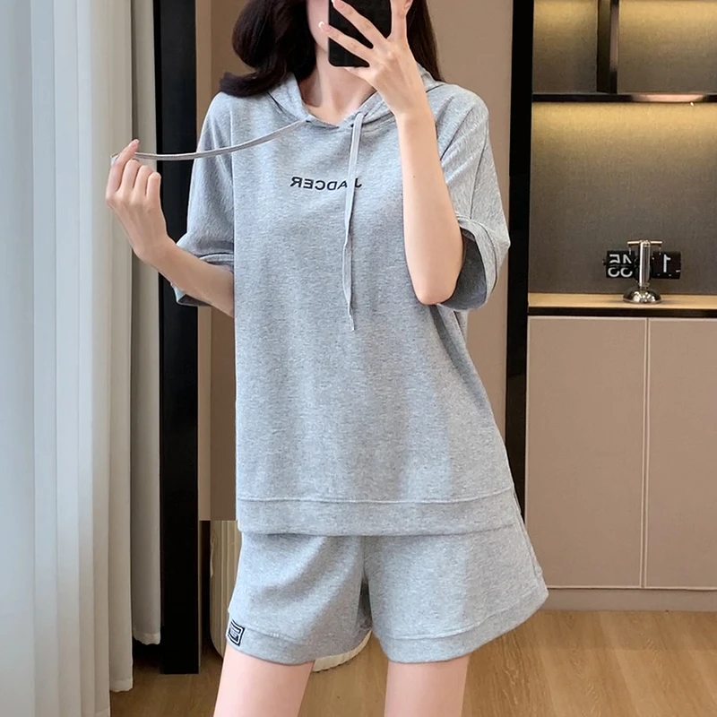 休闲运动套装女夏韩版宽松减龄显瘦连帽运动服上衣百搭短裤两件套