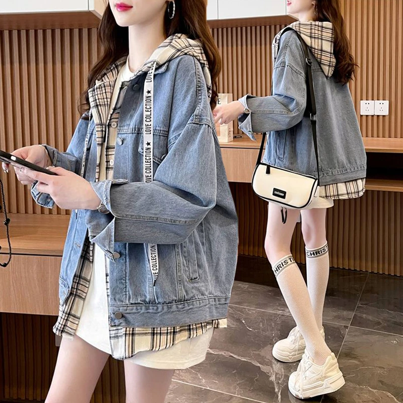 大码女装设计感牛仔连帽外套女春秋新款韩版宽松薄款开衫夹克上衣