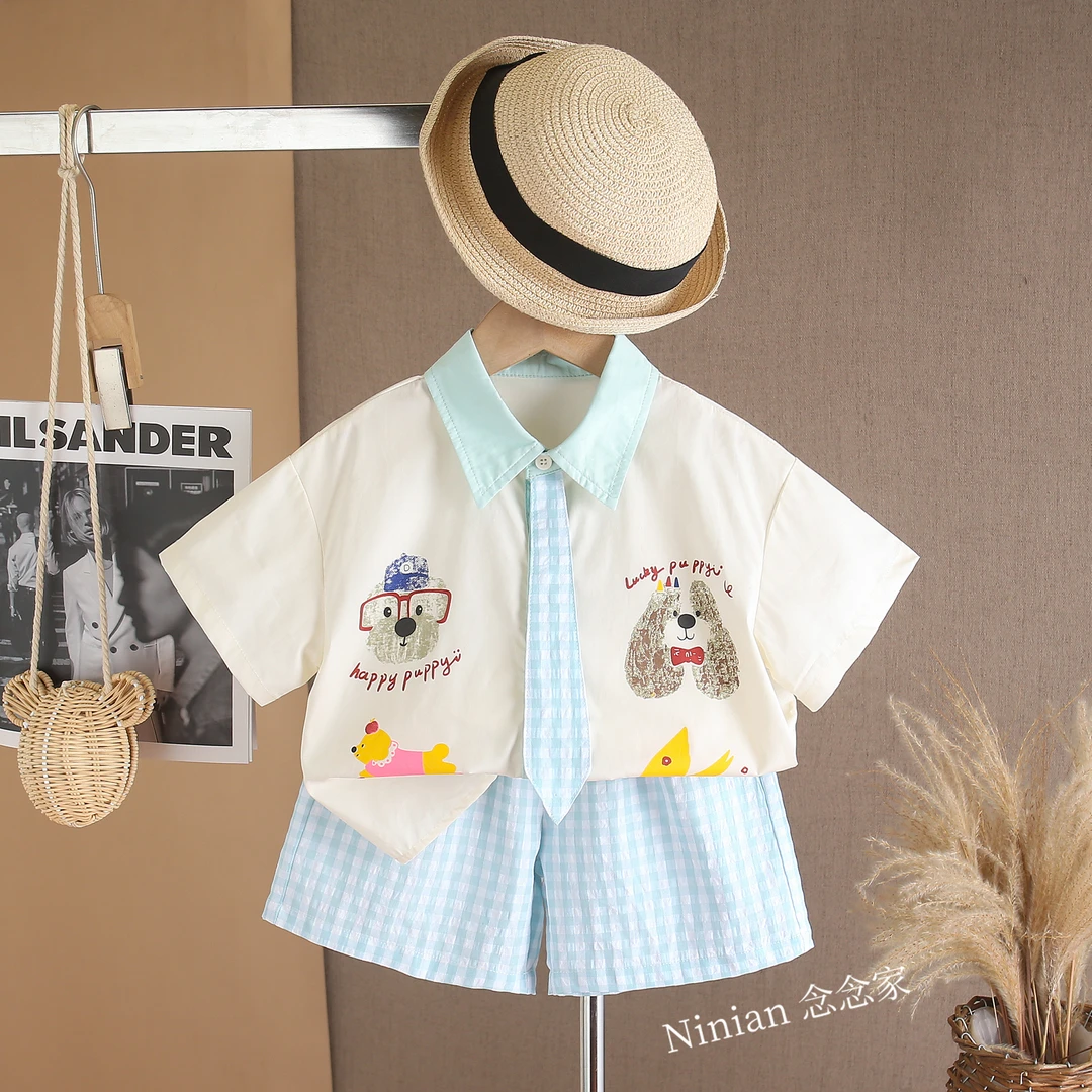 【念宝家】【A类】夏季儿童领带小狗短裤套装中小童沙滩风轻肤透气