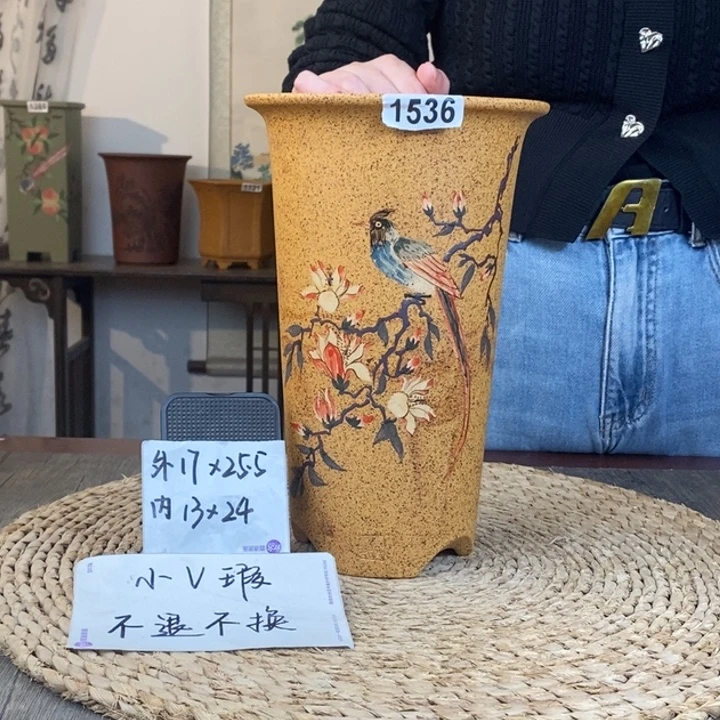 紫砂花盆  微瑕柴烧彩绘圆签筒1536