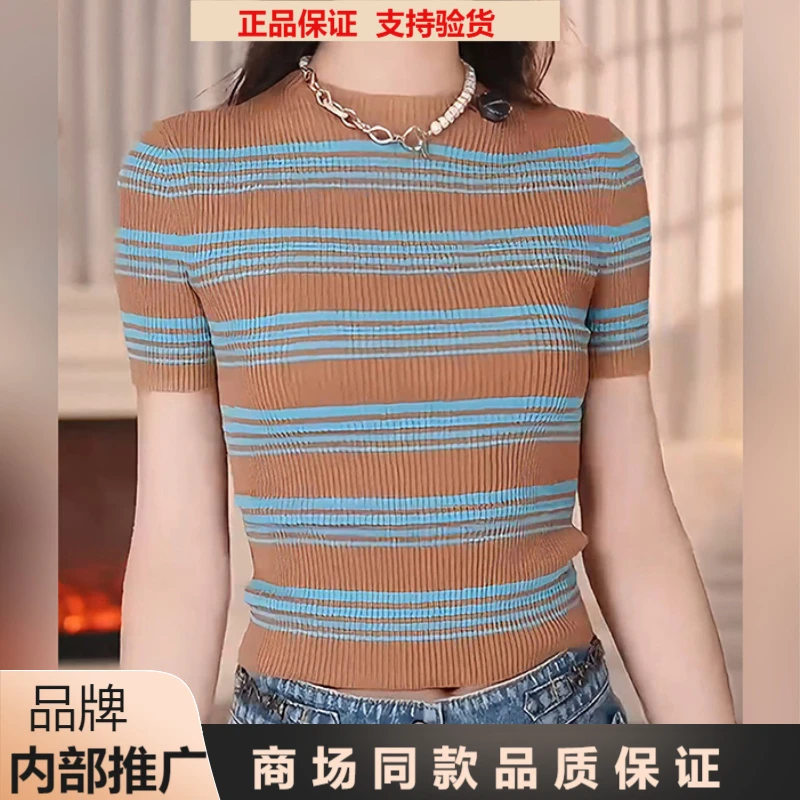 【GIRID AMSS】春夏新款复古修身百搭撞色圆领条纹针织短袖T恤女