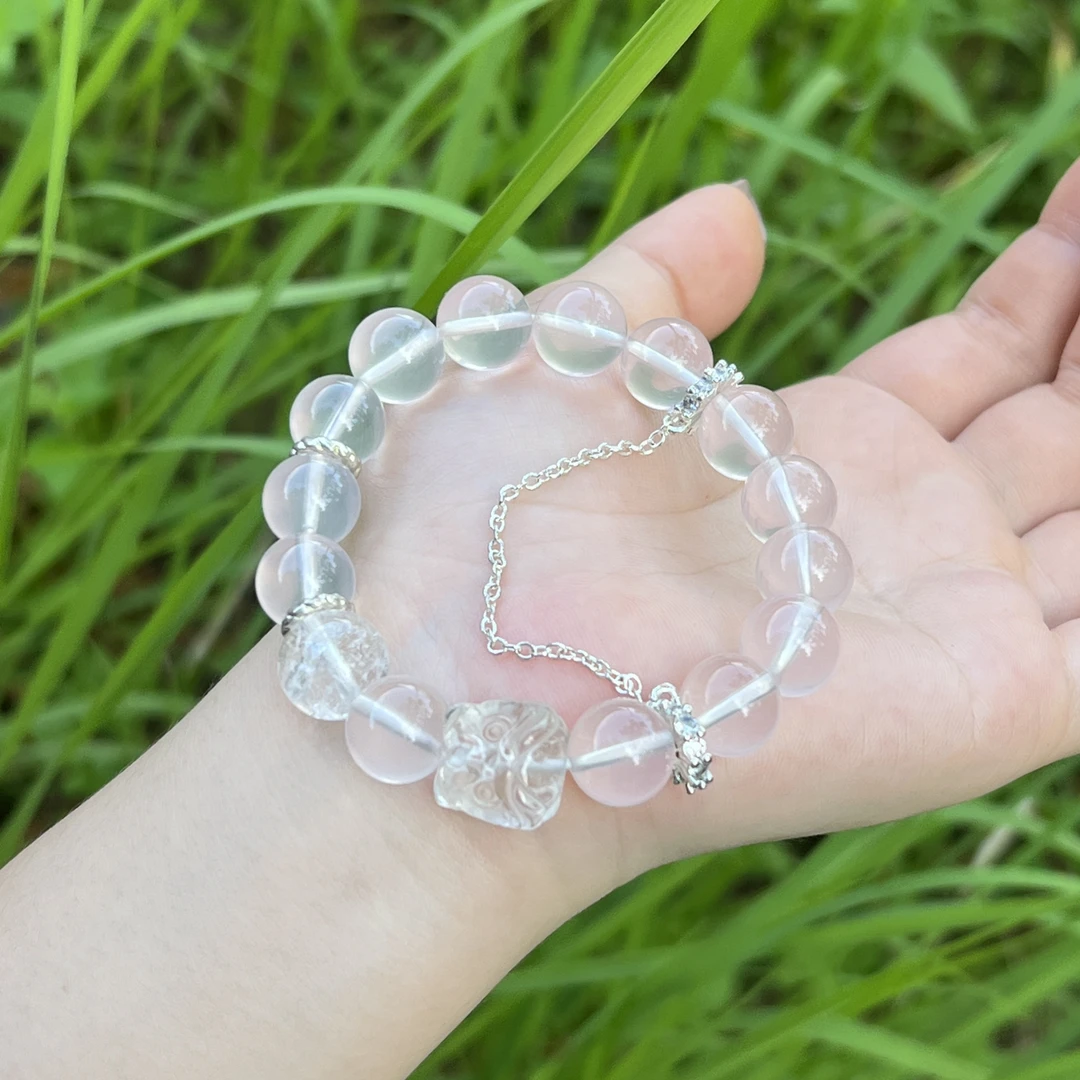 【无忧】天然星光粉白水晶醒狮手串白阿塞设计款礼物手链多样性发一