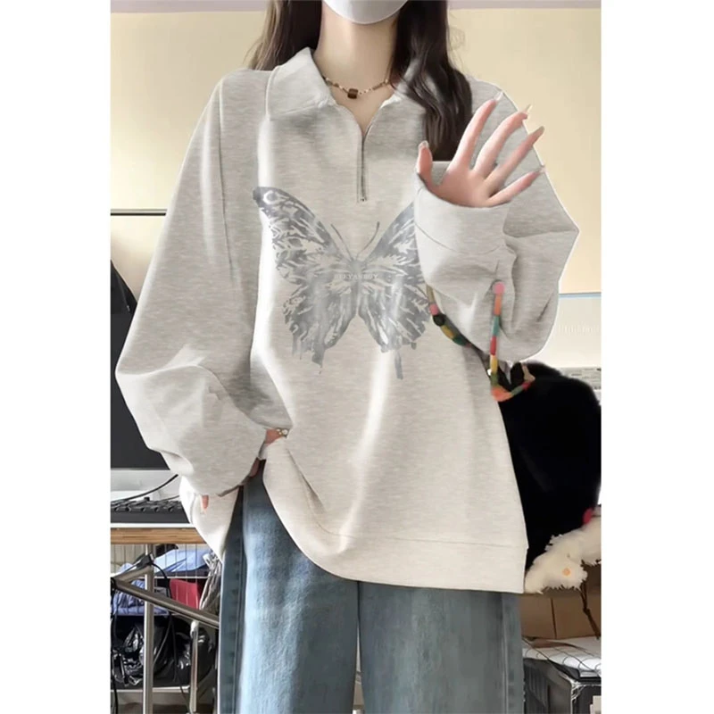 国潮牌美式复古半拉链Polo领卫衣女秋冬加绒加厚宽松长袖外套上衣