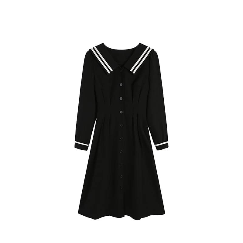 【五季家大码】领口条纹A版显瘦前纽扣黑色连衣裙ZL110314