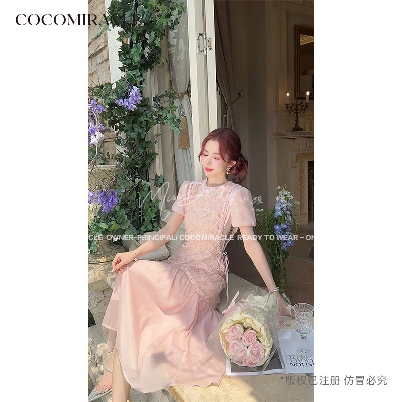 董小姐【女神降临】新款法式波浪蕾丝勾花连衣裙Q53LYQ098