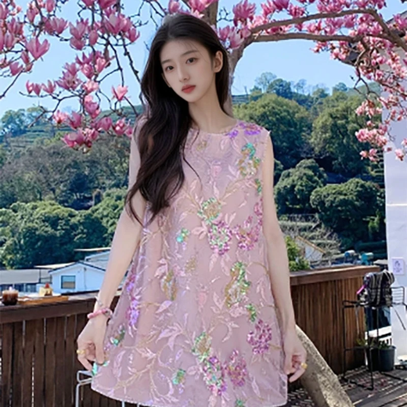 2025夏季高级提花刺绣无袖仙女裙时尚亮片设计轻奢连衣裙