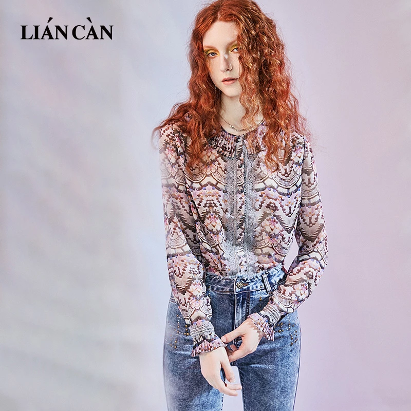 莲灿2024年春夏时尚打底浪漫复古印花雪纺蕾丝长袖衬衫7120418004