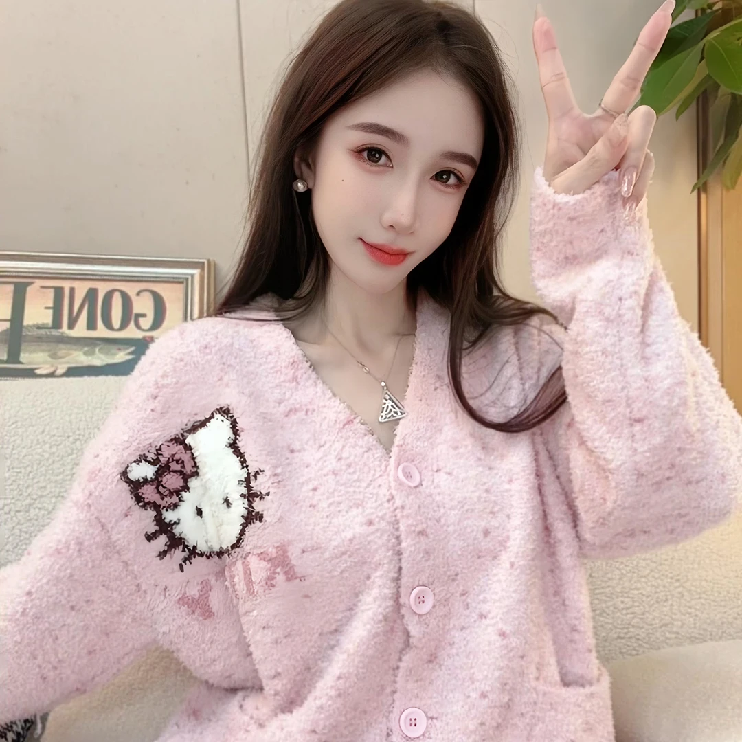 SIEOYJIEA/私迹【粉嫩kt猫】时尚长袖半边绒高定女款家居服