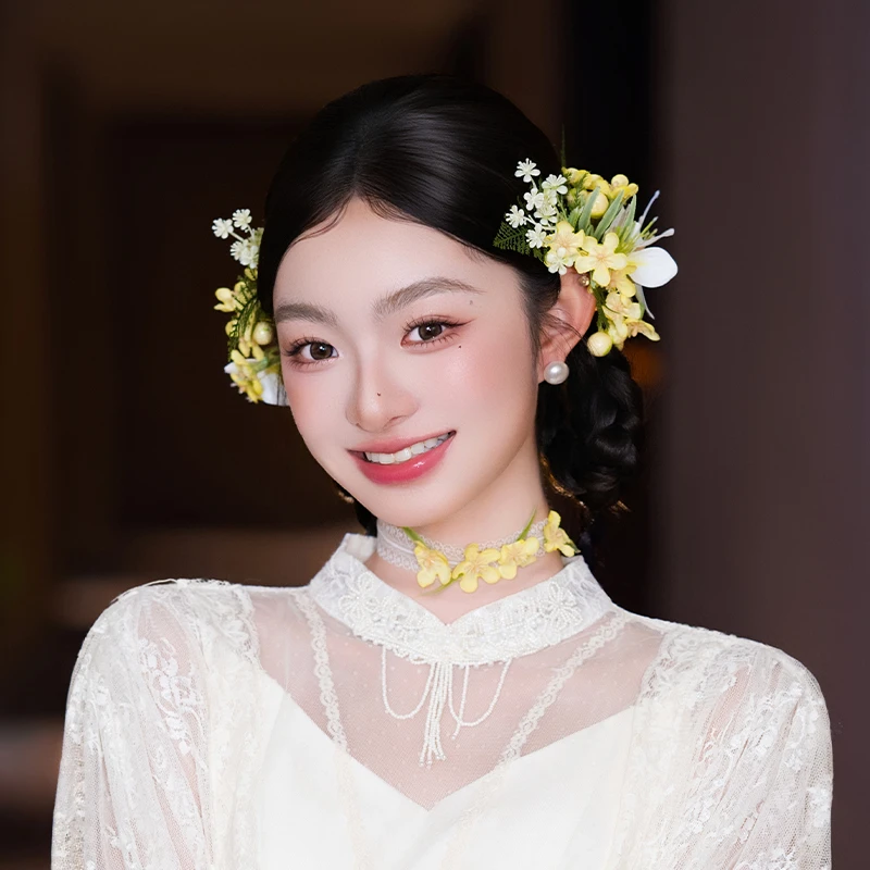 非金属布艺婚庆饰品 森系新娘唯美仙气黄色仿真花发夹配饰MC3590