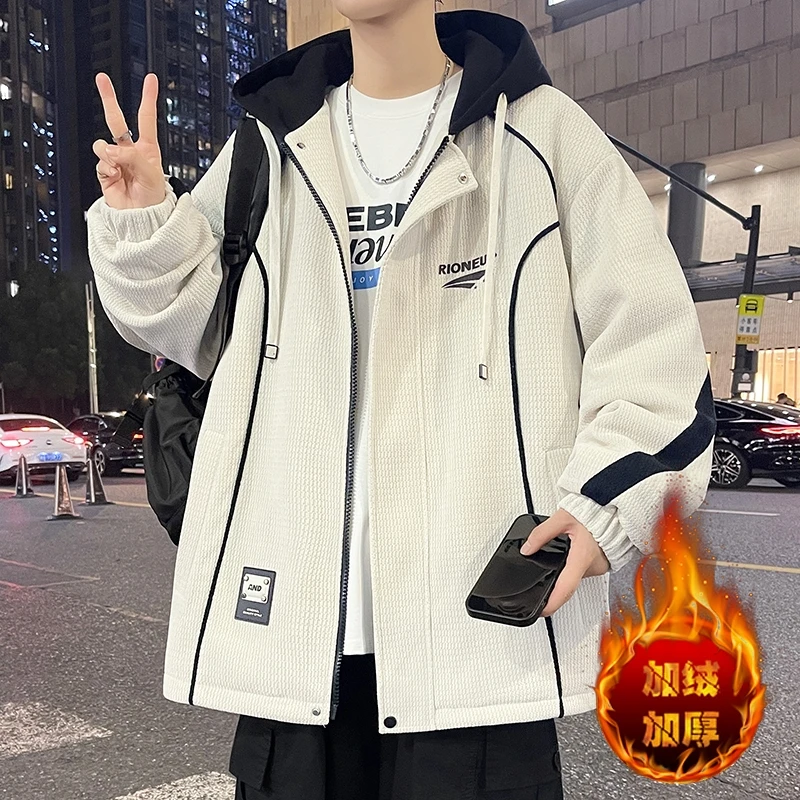 青少年冬季加绒加厚男士连帽夹克学院风百搭潮流学生宽松保暖外套