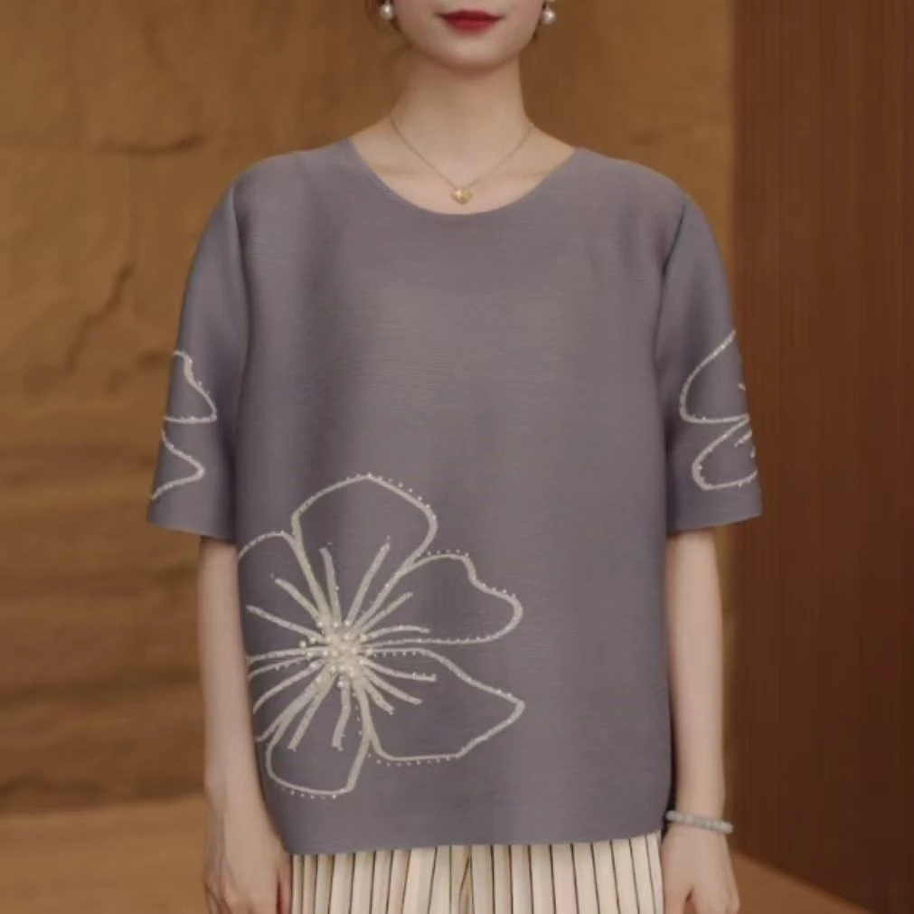 华姐三宅新款国风气质褶皱显瘦时尚抖抖妈妈装T恤新款短袖上衣