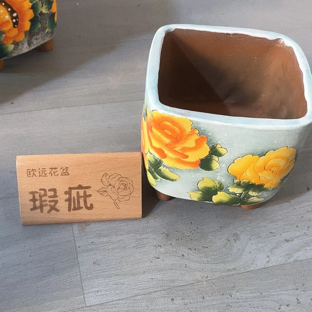 紫砂花盆红陶手绘花盆