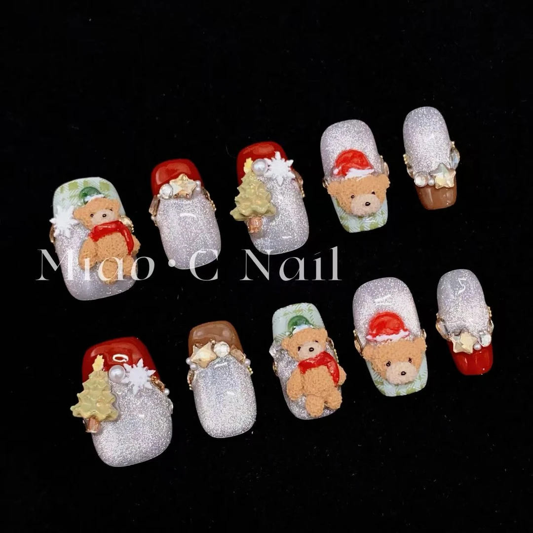 【圣诞礼物】Miao.C指尖艺术 圣诞限定泰迪熊捏捏猫眼纯手工穿戴甲