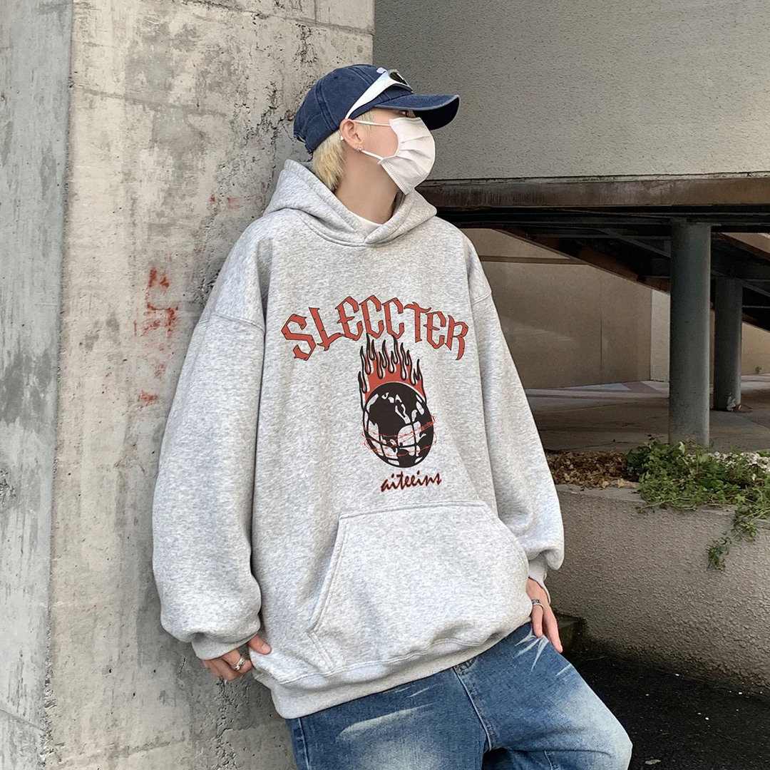 加绒加厚连帽卫衣潮流宽松美式男帽衫上衣休闲情侣印花秋季冬季