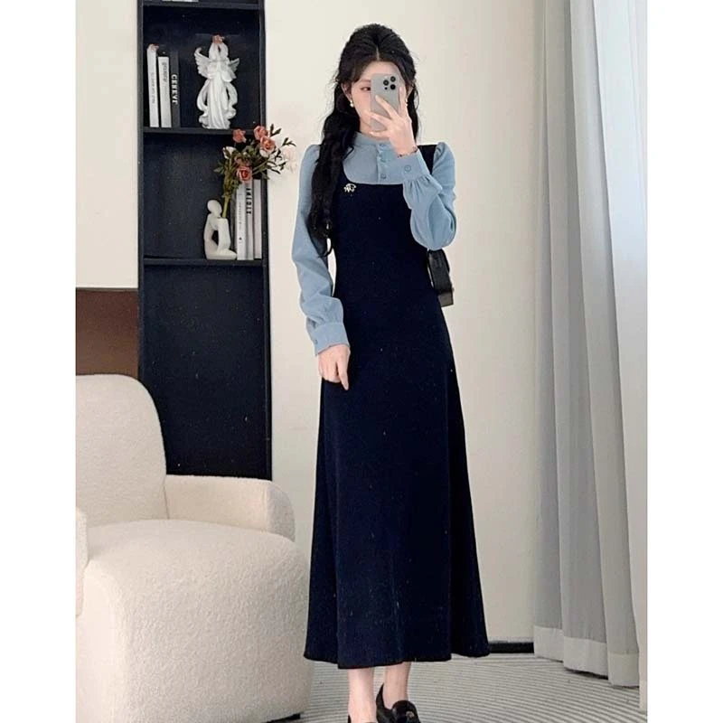 202春秋季法式连衣裙女气质富家千金高级感穿搭假两件长裙D3655