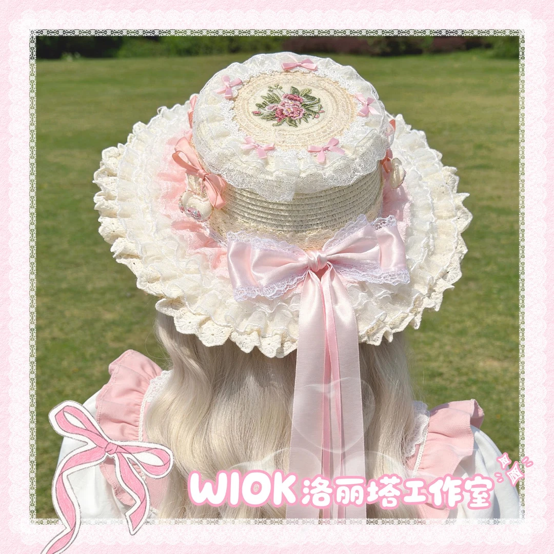 【wiok洛丽塔工作室】双层蕾丝蝴蝶结刺绣蛋糕Lolita甜系帽子草帽