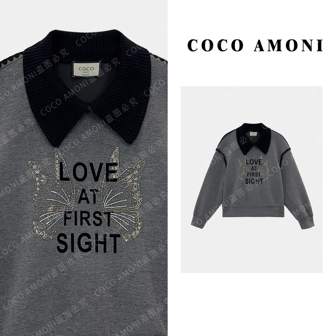 【曼姐专属】时尚减龄款针织拼接领口假两件蝴蝶烫钻卫衣AB886