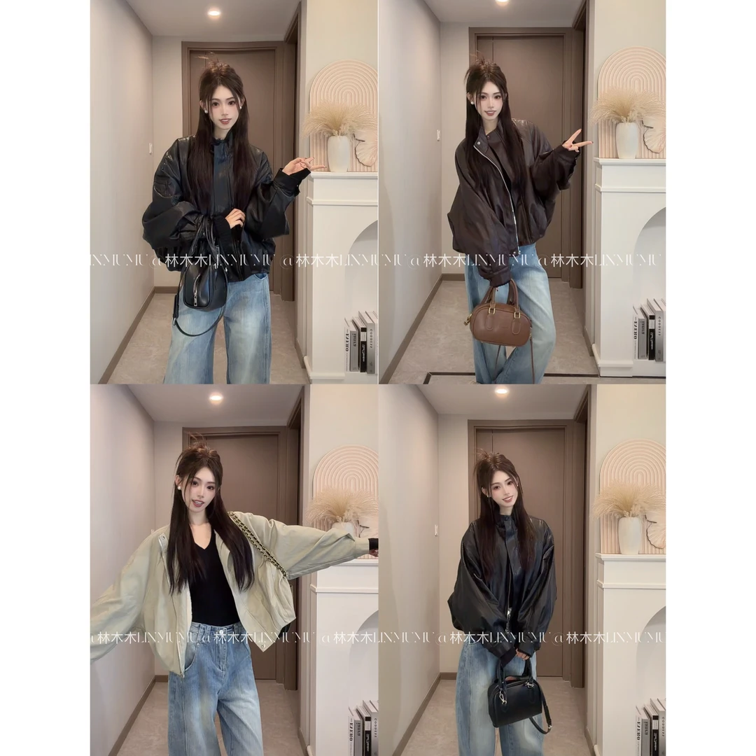 2025冬上秋立领宽松型氛围感皮衣加绒加厚