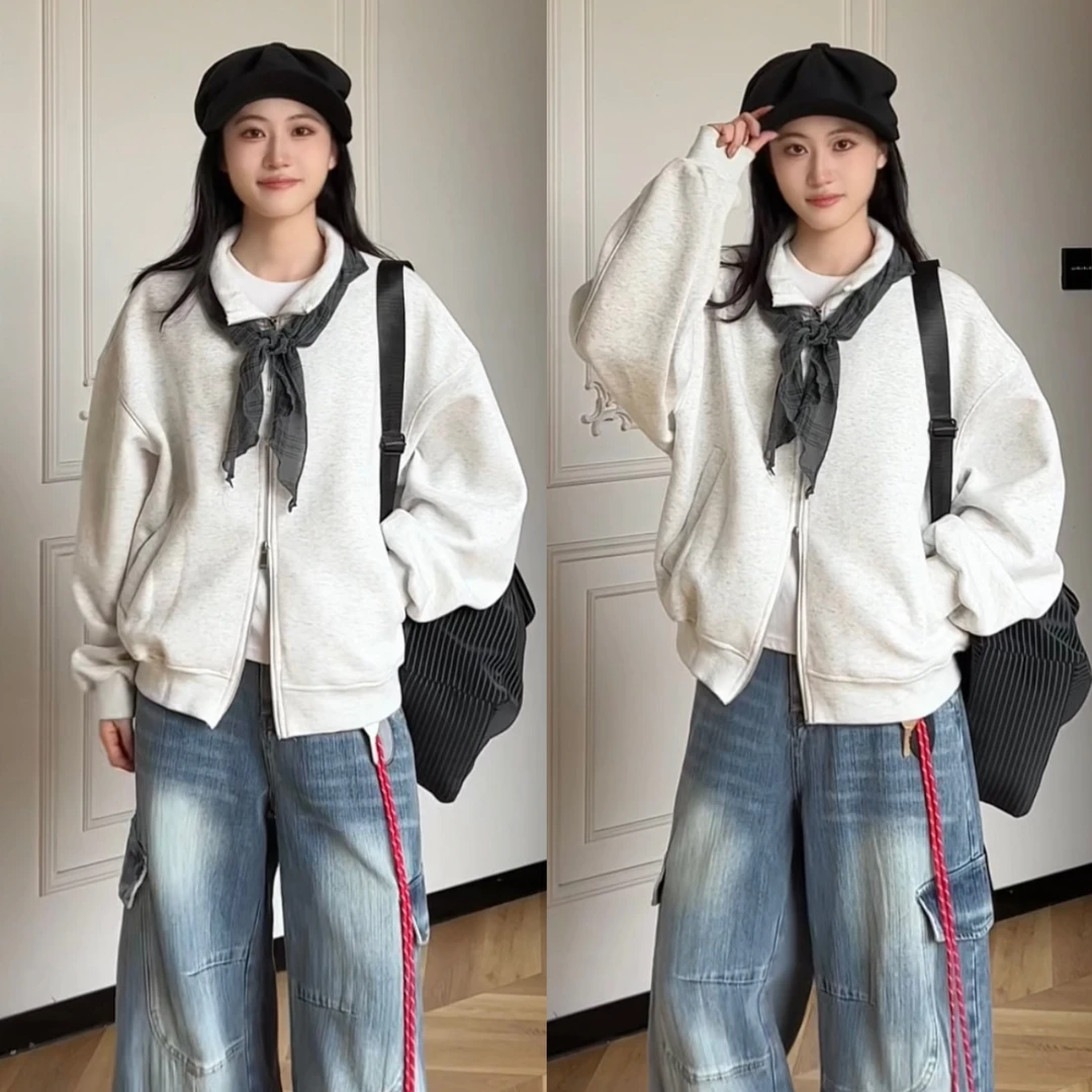 秋季新款美式复古双开拉链立领卫衣男女潮牌设计感重磅情侣外套