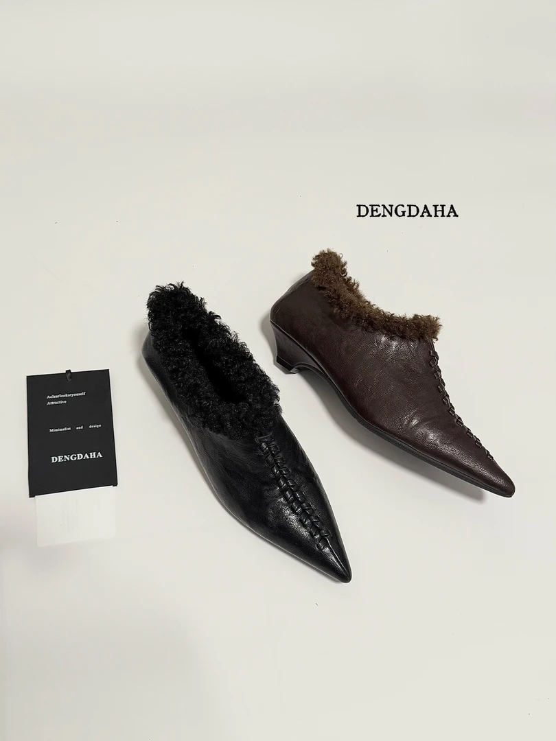 DENGDAHA法式秋冬复古手工编织尖头毛毛鞋显瘦保暖气质单鞋G5-19