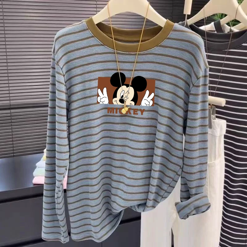 撞色条纹时尚长袖t恤女秋冬德绒磨毛保暖宽松显瘦内搭打底衫上衣