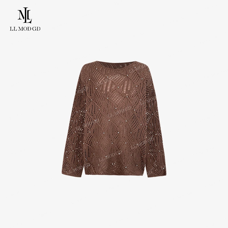 【周周】法式一字领针织衫2024夏季镂空镶钻设计感上衣YL-252465