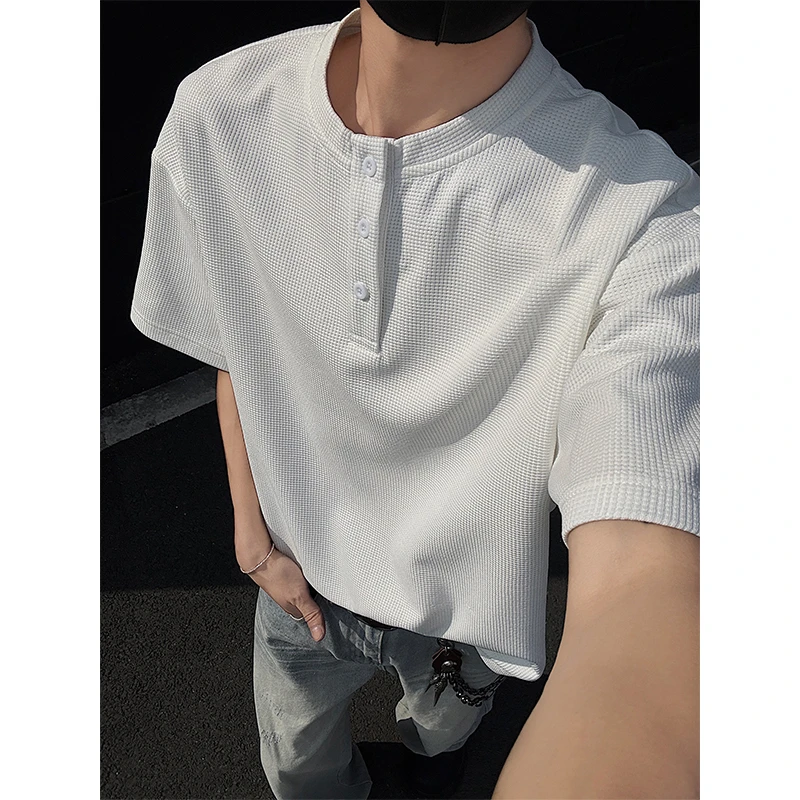 黑色亨利领华夫格短袖t恤男生夏季重磅cleanfit内搭打底宽松上衣