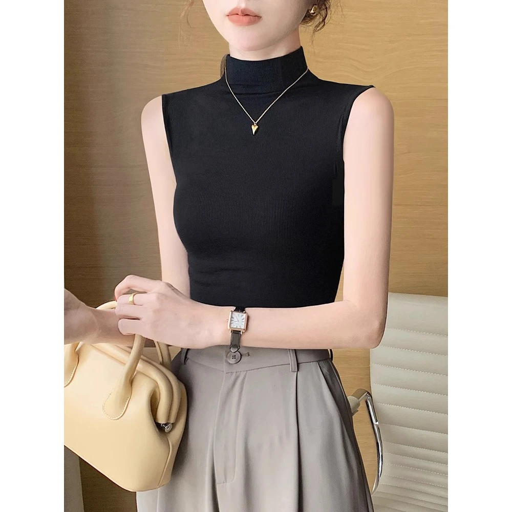 黑色螺纹针织无袖半高领背心女夏2025新款砍袖内搭外穿打底衫上衣