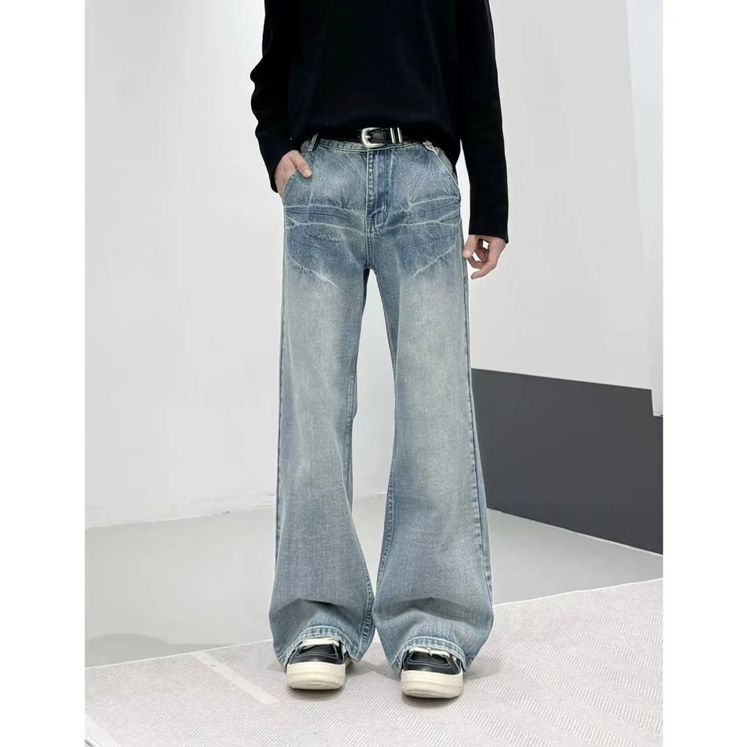 MKSN美式复古水洗波纹设计蓝色牛仔裤男女休闲微喇百搭裤子潮