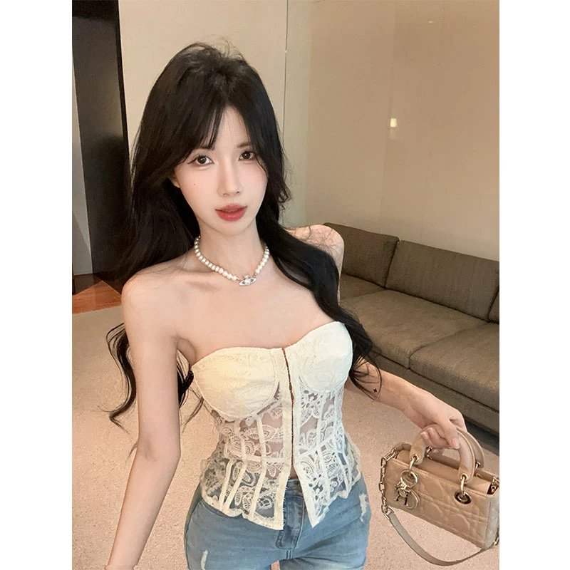 夏季新款重工网纱蕾丝拼接性感辣妹束腰抹胸上衣百搭牛仔裤两件套