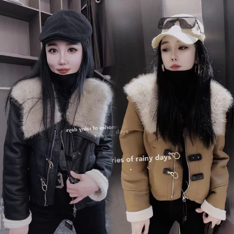冬季新款皮毛一体短款外套女欧货复古大毛领加绒加厚PU皮夹克上衣