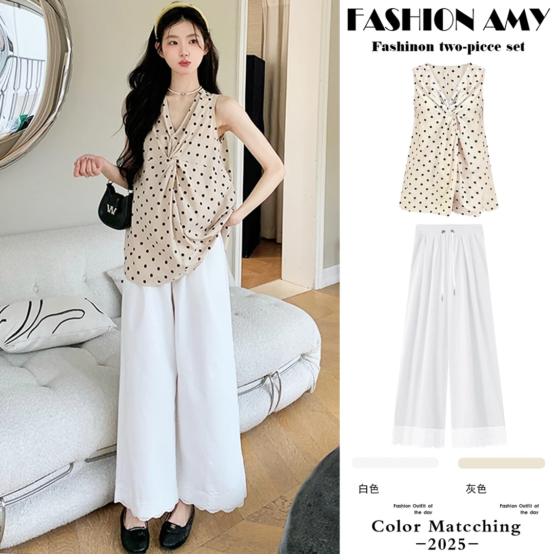 孕妇套装夏装新款时尚韩版洋气波点扭结无袖背心上衣休闲阔腿裤子