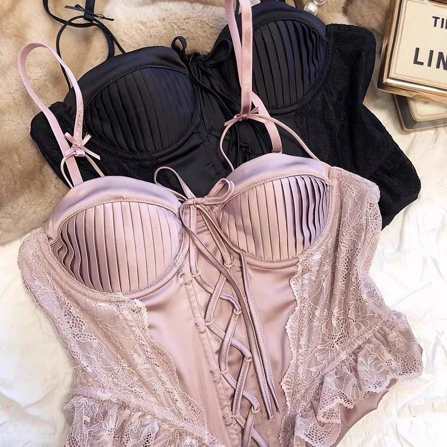 纯欲内衣女小胸聚拢性感蕾丝荷叶边马甲文胸修身内搭外穿吊带背心
